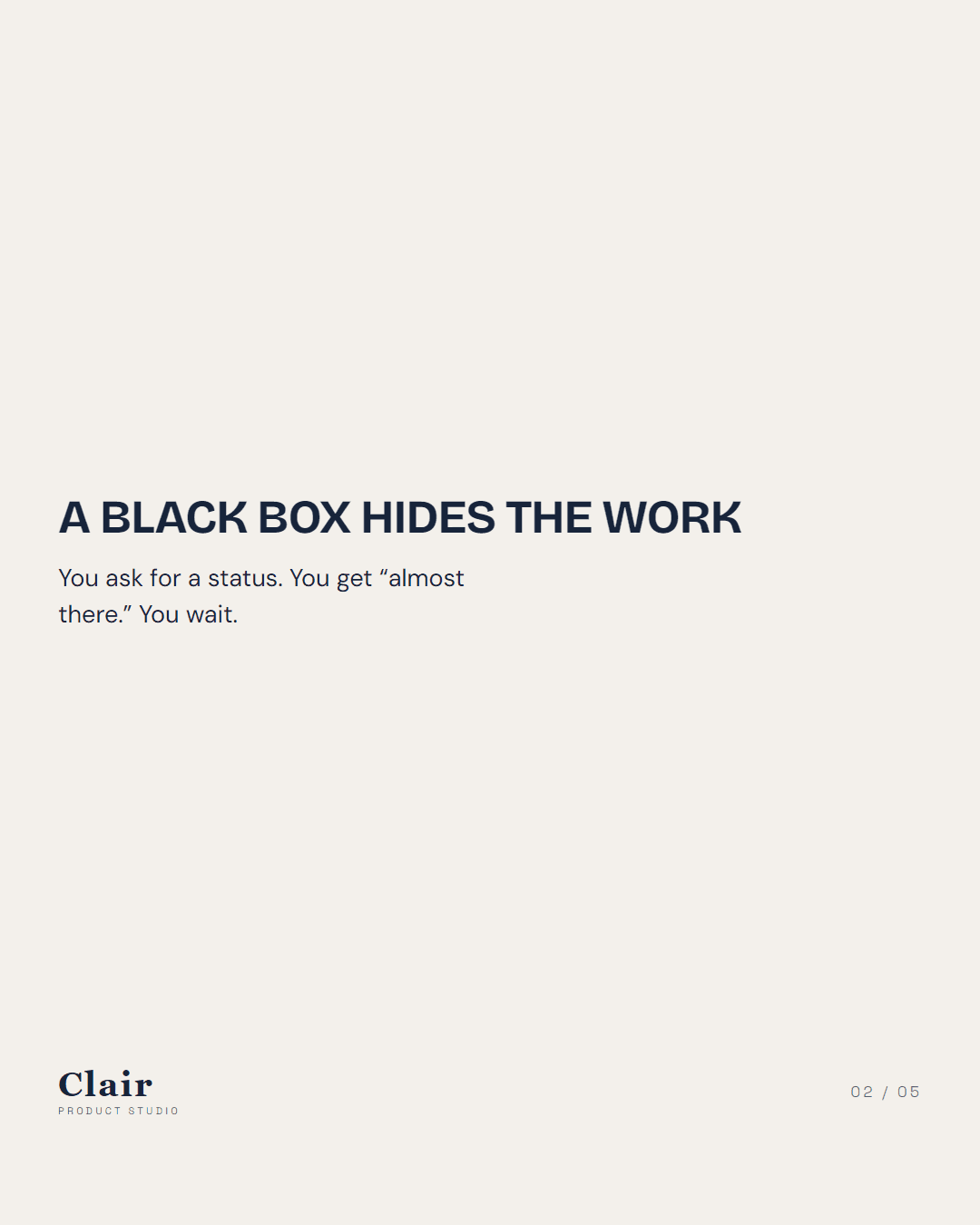 Carousel slide 2 of 5: “A black box hides the work — you ask for a status. You get ‘almost there.’ You wait.”